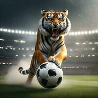 magnifique tigre avec football balle, furieux tigre dans stade Contexte. ai généré photo