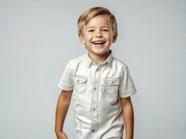 portrait de Jeune excité en riant souriant garçon enfant enfant sur studio Contexte ai généré photo