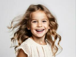 portrait de Jeune excité en riant souriant fille enfant enfant sur studio Contexte ai généré photo