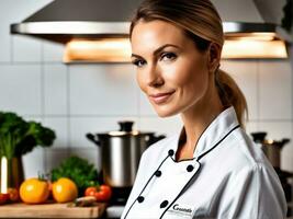 femelle chef posant suivant à une table dans cuisine. studio photo ai généré