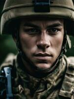 la photographie de un ultra réaliste soldat dans spectaculaire lumière ai généré photo