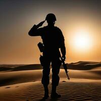 silhouette de une soldat saluer pendant le coucher du soleil ai généré photo