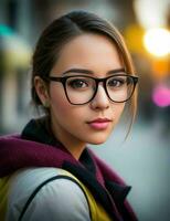 femme avec des lunettes permanent dans le rue. ai génératif pro photo