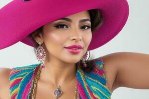 portrait de une à la mode magnifique femme dans traditionnel vêtements portant une chapeau. ai génératif pro photo