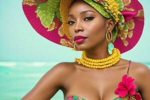 portrait de une à la mode magnifique femme dans traditionnel vêtements portant une chapeau. ai génératif pro photo