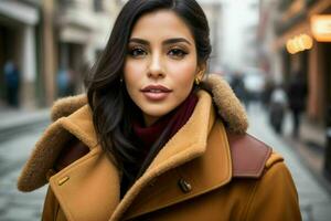 magnifique femme dans une manteau sur le rue. ai génératif pro photo