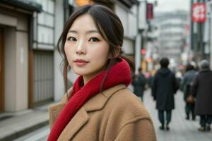 magnifique femme dans une manteau sur le rue. ai génératif pro photo