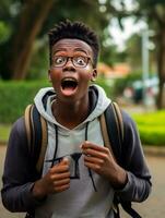 Jeune homme avec africain Caractéristiques qui apparaît à être choqué ai génératif photo