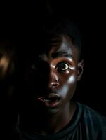 Jeune homme avec africain Caractéristiques qui apparaît à être choqué ai génératif photo