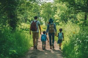 une papa et le sien famille Aller sur une la nature marcher photo