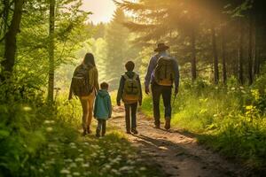 une papa et le sien famille Aller sur une la nature marcher photo