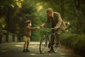 une papa enseignement le sien enfant à balade une bicyclette photo