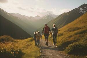 une famille randonnée voyage dans le montagnes photo