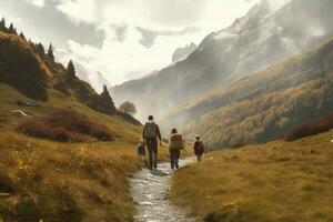 une famille randonnée voyage dans le montagnes photo