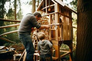 une père et fils bâtiment une cabane dans les arbres ensemble photo