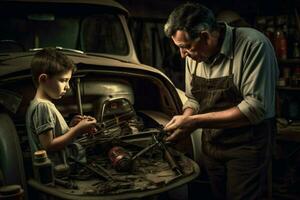 une père et fils travail sur une voiture ensemble photo