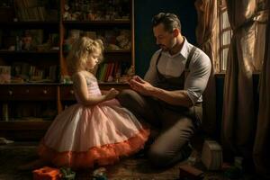 une père en jouant robe en haut avec le sien fille photo