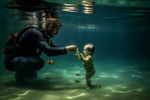 une père enseignement le sien enfant à nager photo