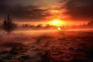 une lever du soleil plus de une brumeux plaine photo