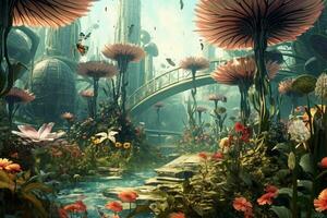 une surréaliste jardin avec géant fleurs et flottant bu photo
