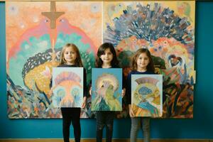 les enfants montrant de leur ouvrages d'art photo