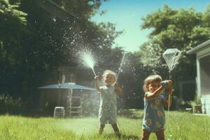 des gamins en jouant avec l'eau pistolets sur une chaud journée photo