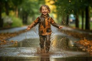 éclabousser dans flaques d'eau après une pluie torrentielle photo