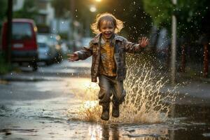 éclabousser dans flaques d'eau après une pluie torrentielle photo