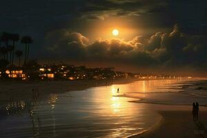 le doux lueur de une plein lune plus de le plage photo