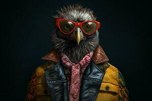 une oiseau avec une veste et des lunettes photo