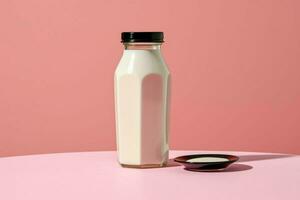 une bouteille de Lait avec une noir casquette est assis sur une table photo