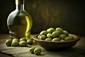 une bouteille de olive pétrole suivant à une bol de vert oli photo