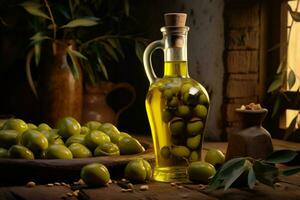 une bouteille de olive pétrole suivant à une bouquet de Olives photo