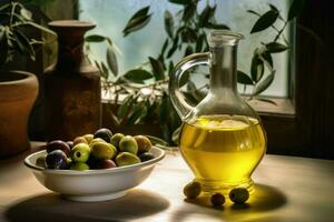 une bouteille de olive pétrole suivant à une bol de Olives photo