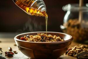 une bol de granola étant versé dans une bol avec une photo