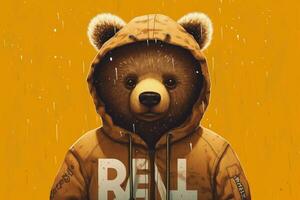 une dessin animé ours portant une sweat à capuche avec le mot être un photo