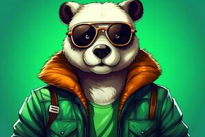 une dessin animé Panda avec une vert veste et lunettes de soleil photo