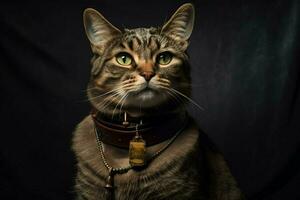 une chat portant des lunettes et une collier avec une étiquette tha photo