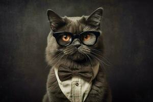 une chat avec une noir bordé des lunettes et une noir arc photo