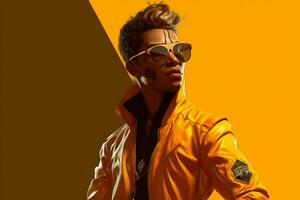 une personnage portant une Jaune veste et lunettes de soleil photo