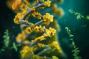 une proche en haut de une ADN structure avec Jaune fleurs photo