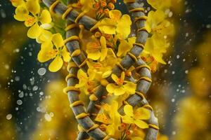 une proche en haut de une ADN structure avec Jaune fleurs photo