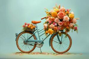 une coloré vélo avec une panier de fleurs sur il photo