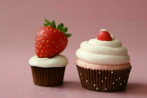 une petit gâteau avec une fraise sur Haut et une fraise photo