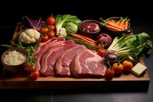 une Coupe planche avec Viande et des légumes sur il photo