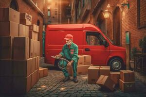 une livraison homme est chargement des boites dans une van photo