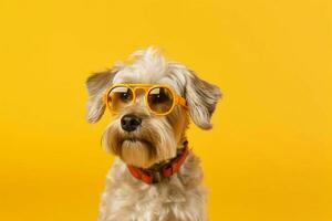 une chien portant des lunettes est assis sur une Jaune Contexte photo