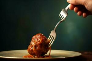 une fourchette avec une mordre de Boulettes de viande sur il photo