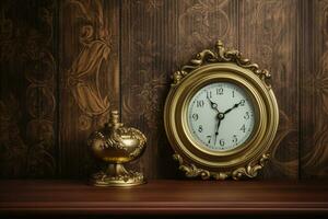 une Cadre sur une foncé bois mur avec une l'horloge et le wo photo