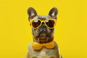 une français bouledogue portant Jaune des lunettes est assis sur une photo